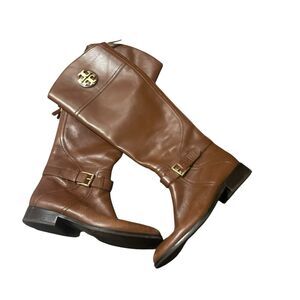 Tory Burch Adeline Almond Leather Gold Logo Buckle Knee Riding Boots Sz-8 475$